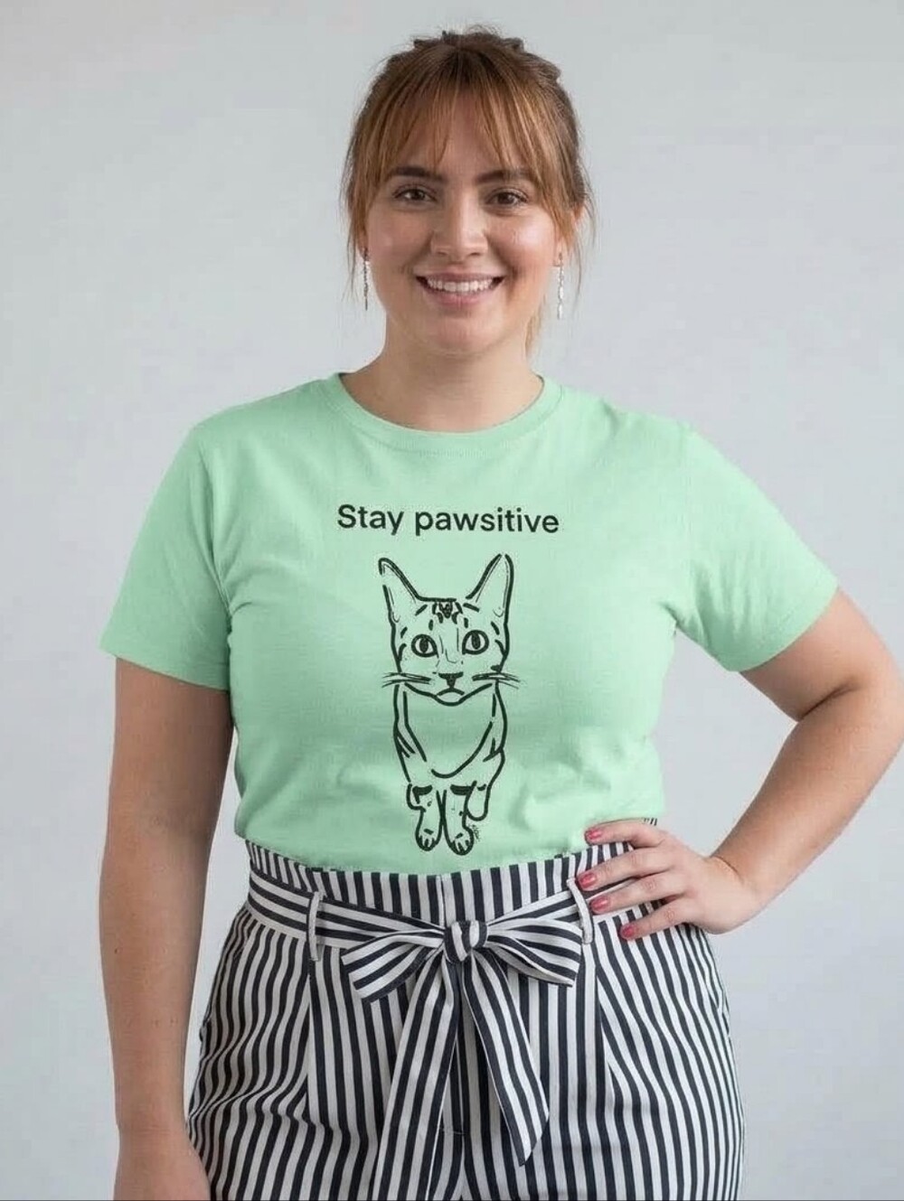 Stay Pawsitive Cat Graphic T-Shirt XL Mint Green Cute Kitty Tee